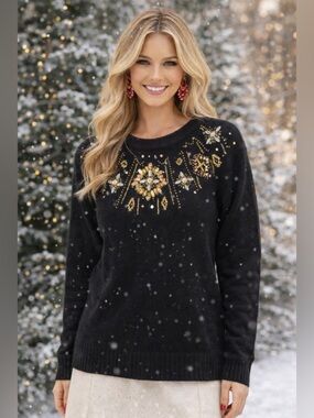 Vintage Hasting & Smith Wool Angora Sweater Petite M Black Beaded Holiday